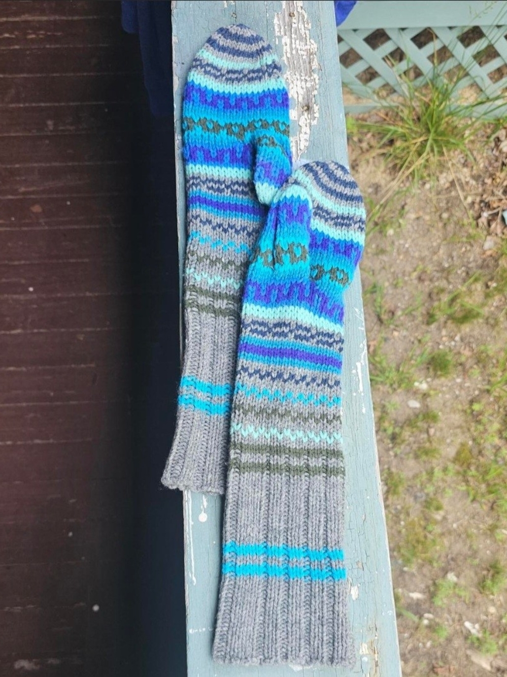 Free People Handmade Knit Elbow Length  Mittens in Gray, Blue & Teal